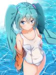  1girl ahoge alternate_costume aqua_hair bangs bare_shoulders blue_eyes blush breasts closed_mouth collarbone commentary_request competition_school_swimsuit eyebrows_visible_through_hair from_above harukawa_(hal501) hatsune_miku highres jacket long_hair long_sleeves looking_at_viewer looking_up off_shoulder open_clothes open_jacket orange_jacket small_breasts solo swimsuit thighs twintails very_long_hair vocaloid water white_swimsuit 