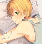  1boy ? bangs bare_arms bare_shoulders bed_sheet blonde_hair commentary_request eugeo from_behind green_eyes grey_shirt hair_between_eyes highres looking_at_viewer looking_back lying noro_(ro_no) on_bed on_stomach parted_lips pillow profile shirt short_hair sleeveless sleeveless_shirt solo spoken_question_mark sword_art_online sword_art_online:_alicization translation_request upper_body 