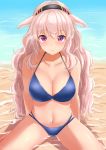  .live 1girl animal_ears beach blush breasts cleavage collarbone commentary_request headband highres large_breasts looking_at_viewer mokota_mememe navel pink_hair red_eyes sand sheep_ears sitting solo swimsuit tipo_(tipoplaza) water 