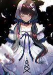  1girl animal bare_shoulders bird black_background black_bow black_hair black_ribbon blurry blurry_foreground bow closed_eyes closed_mouth collarbone depth_of_field dress facing_viewer hair_bow hair_over_shoulder highres isshiki_(ffmania7) long_hair long_sleeves multicolored_hair nijisanji off-shoulder_dress off_shoulder puffy_short_sleeves puffy_sleeves red_hair ribbon short_over_long_sleeves short_sleeves silver_hair simple_background smile solo streaked_hair twintails two-tone_hair very_long_hair virtual_youtuber white_dress white_feathers yorumi_rena 