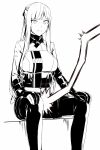 1girl ak-12_(girls_frontline) artificial_eye bangs black_ribbon braid breasts expressionless girls_frontline gloves hair_ribbon kageshio_(276006) large_breasts lightning_bolt mechanical_eye monochrome pants partly_fingerless_gloves ribbon sidelocks sitting solo tactical_clothes 