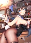  1girl alcohol animal_ears arched_back armpit_crease ass bar bare_shoulders bent_over black_hair black_legwear black_leotard blue_eyes bottle bow bowtie breasts brown_legwear bunny_ears bunny_girl bunny_tail card cleavage cowboy_shot cup detached_collar drinking_glass fake_animal_ears fishnet_legwear fishnets gradient_hair hair_ribbon hairband highleg highleg_leotard large_breasts leotard long_hair looking_at_viewer multicolored_hair original pantyhose playboy_bunny playing_card ponytail ribbon shelf shikitani_asuka sidelocks smile solo standing strapless strapless_leotard tail thighhighs tongue tongue_out tray wine_glass wrist_cuffs 