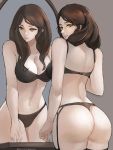  ass bangs bra breasts brown_hair butt_crack cleavage cowboy_shot green_eyes grey_background highres large_breasts long_hair looking_back mirror mirror_image original panties parted_bangs smile the_kingduke twitter_username underwear 