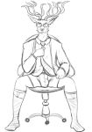  anthro beastars black_and_white boxer_briefs cervid chair clothing eyewear footwear furniture glasses jacket male mammal monochrome necktie oguma_(beastars) sitting socks solo thegreatmatsutzu topwear underwear 