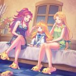  3girls ahoge anbe_yoshirou angela_(seiken_densetsu_3) bed breasts charlotte_(seiken_densetsu_3) cleavage crossed_legs frilled_shorts frills green_eyes highres long_hair looking_at_another low-tied_long_hair multiple_girls nightgown pajamas pointy_ears rabite riesz seiken_densetsu seiken_densetsu_3 shorts sitting slippers smile window 