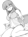  1girl absurdres babydoll babydoll_lift bangs bed_sheet blunt_bangs blush breasts closed_mouth commentary_request eyebrows_visible_through_hair frilled_panties frills girls_und_panzer glasses greyscale highres lifted_by_self lingerie long_hair looking_at_viewer medium_breasts monochrome navel on_bed panties renshiu semi-rimless_eyewear sitting smile solo sweatdrop takebe_saori under-rim_eyewear underwear underwear_only wariza 