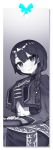  1girl alter_ego_(game) book bookmark braid es_(alter_ego) highres holding holding_book itsumo_nokoru long_sleeves looking_at_viewer monochrome single_braid smile solo spot_color 