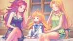  3girls ahoge anbe_yoshirou angela_(seiken_densetsu_3) bed breasts charlotte_(seiken_densetsu_3) cleavage frilled_shorts frills green_eyes highres long_hair looking_at_another low-tied_long_hair multiple_girls nightgown pajamas pointy_ears rabite riesz seiken_densetsu seiken_densetsu_3 shorts sitting slippers smile window 