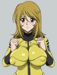  1girl bangs blonde_hair blush bodysuit breast_squeeze breast_suppress breasts closed_mouth covered_nipples eyebrows_visible_through_hair glamour_works grey_background highres large_breasts long_hair looking_at_viewer mori_yuki purple_eyes simple_background solo uchuu_senkan_yamato uniform yellow_bodysuit 