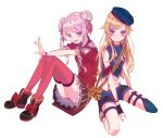  2girls :d bangs blonde_hair blue_hair blush bow braid double_bun fingerless_gloves gloves hat highres himehina_channel ichi_(iti562) long_hair looking_at_viewer midriff multicolored_hair multiple_girls navel open_mouth pink_hair purple_eyes seiza shirt short_sleeves shorts sidelocks sitting skirt sleeveless smile streaked_hair suzuki_hina tanaka_hime thighhighs virtual_youtuber 