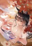  1girl absurdres animal_ear_fluff animal_ears autumn_leaves bangs black_hair blush breasts cup eyebrows_visible_through_hair fox_ears fox_girl hair_between_eyes highres holding holding_cup large_breasts leaf long_hair looking_at_viewer maple_leaf nude onsen open_mouth original sidelocks smile solo tail wet yellow_eyes yukibuster_z 