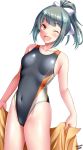  1girl alternate_costume bare_arms bare_shoulders blush breasts collarbone competition_swimsuit covered_navel cowboy_shot green_hair highleg highleg_swimsuit highres kantai_collection long_hair looking_at_viewer one-piece_swimsuit one_eye_closed open_mouth ponytail smile solo swimsuit tsuchimiya yellow_eyes yuubari_(kantai_collection) 