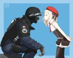  1boy 1girl absurdres arms_behind_back black_gloves black_legwear blue_background closed_eyes crossover dated dress fingerless_gloves frilled_dress frills girls_frontline gloves gun hat helmet highres knee_pads mp5_(girls_frontline) necktie pantyhose pouch rainbow_six_siege red_headwear red_neckwear rook_(rainbow_six_siege) signature simple_background sitting sleeveless sleeveless_dress vest weapon white_hair yonao 