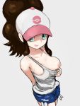  1girl arm_behind_back bare_shoulders baseball_cap breasts brown_hair camisole collarbone covered_nipples cowboy_shot cutoffs denim denim_shorts eternal_pupa exposed_pocket flashing green_eyes hand_up hat highres hilda_(pokemon) long_hair looking_at_viewer medium_breasts nipples no_bra one_breast_out open_mouth pokemon pokemon_(game) pokemon_bw short_shorts shorts sidelocks simple_background smile solo sweat 