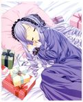  aria_(sister_princess) artist_request bed gift hairband highres lolita_hairband pillow purple_hair sister_princess sleeping solo 