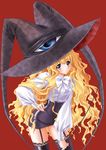  absurdres blonde_hair bow carnelian garter_straps hands_on_hips hat highres lilith_(yamibou) long_hair long_sleeves purple_eyes simple_background skirt smile solo thighhighs very_long_hair whip witch_hat yami_to_boushi_to_hon_no_tabibito 