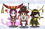  2girls armor brown_eyes brown_hair cape chibi da_ji date_masamune detached_sleeves eyepatch female gun hair_ornament hat headband himiko himiko_(musou_orochi) japanese_clothes kimono long_hair male multiple_girls musou_orochi musou_orochi_2 pantyhose peach-usa pointy_ears purple_eyes purple_hair sengoku_musou violet_eyes weapon 