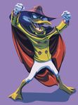  :d arms_up bird blazer buttons cape clenched_hands darkwing_duck deric_phillips duck evil_smile full_body hat jacket long_sleeves male_focus mask negaduck no_pupils open_mouth shadow simple_background smile spread_legs standing teeth tongue 