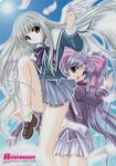  absurdres angel_wings bow feathers hair_bow highres long_hair melty_(tenaku_angel_and_devil) milly_(tenaku_angel_and_devil) multiple_girls panties purple_eyes purple_hair school_uniform silver_hair skirt socks tenaku_angel_and_devil twintails underwear white_panties wings yamamoto_kazue 