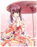  chikage_(sister_princess) chin_rest cup floral_print highres japanese_clothes kimono nail_polish oriental_umbrella parasol petals pink_nails purple_eyes purple_hair sister_princess sitting smile solo tenhiro_naoto umbrella 