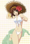  bikini brown_hair flower green_sarong hat hibiscus highres non-web_source one_eye_closed ribbon sarong sarong_removed short_hair solo straw_hat sun_hat suzumiya_haruhi suzumiya_haruhi_no_yuuutsu swimsuit translucent_sarong 