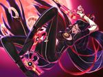  arms_up bayonetta bayonetta_(character) beauty_mark black_hair blue_eyes bodysuit breasts candy chains cleavage_cutout female full_moon glasses gradient gradient_background gun hair_bun high_heels lollipop long_hair mole moon red_ribbon ribbon romamu shoes solo very_long_hair weapon wink 