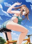  absurdres alto antenna_hair ass bicycle bikini blue_eyes blush breasts brown_hair cloud covered_nipples day from_below ground_vehicle highres iwasaki_kouji legs long_hair looking_down medium_breasts non-web_source outdoors side-tie_bikini sky solo striped striped_bikini swimsuit tachibana_megumi twintails 