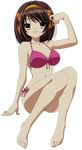  absurdres barefoot bikini brown_hair feet full_body hairband highres ikeda_shouko knees_together_feet_apart knees_touching long_legs navel orange_hairband short_hair side-tie_bikini sitting solo suzumiya_haruhi suzumiya_haruhi_no_yuuutsu swimsuit transparent_background vector_trace yellow_eyes 