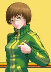  atam bad_id bad_pixiv_id brown_eyes brown_hair glasses jacket persona persona_4 pins satonaka_chie short_hair smile smiley_face solo tomboy track_jacket yellow-framed_eyewear yellow_background 