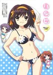  asahina_mikuru bikini blush breasts brown_hair chibi floral_print flower highres ikeda_shouko medium_breasts multiple_girls nagato_yuki non-web_source ribbon short_hair suzumiya_haruhi suzumiya_haruhi_no_yuuutsu swimsuit v 