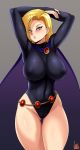  1girl android_18 arms_behind_head belt black_leotard blonde_hair blue_eyes blush breasts cape cosplay covered_navel covered_nipples curvy dragon_ball dragon_ball_z earrings grey_background highres impossible_clothes impossible_leotard jewelry jmg large_breasts leotard loose_belt medium_hair purple_cape raven_(dc) raven_(dc)_(cosplay) shiny shiny_hair shiny_skin signature skin_tight solo standing toned 