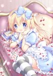  1girl :d ace_of_hearts alice_(wonderland) alice_in_wonderland apron blonde_hair blue_bow blue_dress blue_eyes blush book bow card club_(shape) commentary_request couch diamond_(shape) dress feet_out_of_frame frilled_apron frilled_dress frills hair_bow hands_up heart long_hair looking_at_viewer lying nanase_miori on_couch on_side one_side_up open_mouth petals pillow playing_card puffy_short_sleeves puffy_sleeves short_sleeves smile solo spade_(shape) striped striped_legwear thighhighs very_long_hair waist_apron white_apron wrist_cuffs 