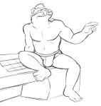  anthro barefoot bebop black_and_white bulge clothed clothing domestic_pig eyewear facial_piercing gesture glasses jockstrap male mammal monochrome nose_piercing nose_ring piercing pointing simple_background sitting solo suid suina sus_(pig) thegreatmatsutzu topless underwear white_background 