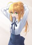  1girl absurdres adjusting_hair ahoge artoria_pendragon_(all) blonde_hair blouse blue_ribbon blue_skirt breasts fate/stay_night fate_(series) green_eyes highres long_hair long_sleeves mouth_hold ribbon saber sidelocks skirt small_breasts solo tsurupy upper_body white_blouse 