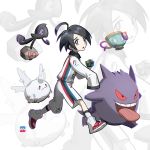  1boy ahoge allister_(pokemon) black_hair collared_shirt commentary_request dusk_ball extraspiky galarian_corsola galarian_form galarian_yamask gen_1_pokemon gen_8_pokemon gengar highres holding holding_poke_ball long_sleeves looking_at_viewer looking_to_the_side number open_mouth poke_ball pokemon pokemon_(creature) pokemon_(game) pokemon_swsh shirt shoes shorts side_slit side_slit_shorts sinistea sleeves_past_wrists socks tongue white_footwear white_legwear 