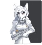  2020 5_fingers anthro breasts canid canine canis clothed clothing digital_media_(artwork) domestic_dog eyebrows eyelashes female fingers foxmode gun holding_gun holding_object holding_weapon mammal ranged_weapon solo weapon 