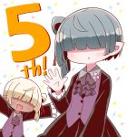 2girls 7th_dragon_(series) 7th_dragon_iii :d :o ascot bangs black_jacket black_skirt blonde_hair blush brown_neckwear chika_(7th_dragon) collared_shirt commentary_request confetti facing_viewer frilled_sleeves frills grey_hair grey_shirt hair_bun hair_over_eyes hand_up highres jacket long_sleeves multiple_girls naga_u open_mouth outstretched_arms parted_lips purple_vest shirt short_hair side_bun simple_background skirt smile vest white_background 