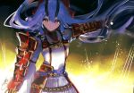  1girl absurdres armor closed_mouth fate/grand_order fate_(series) floating_hair highres hoojiro horns japanese_armor kusazuri long_hair looking_at_viewer oni oni_horns outstretched_arms purple_hair red_eyes signature solo spread_arms standing tomoe_gozen_(fate/grand_order) very_long_hair 