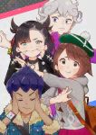  2boys 2girls :t aqua_eyes asymmetrical_bangs backpack bag bangs bede_(pokemon) black_choker black_hair black_jacket black_shirt blush bob_cut brown_backpack brown_eyes brown_hair buttons cardigan choker closed_eyes closed_mouth coat commentary_request curly_hair dark_skin dark_skinned_male dress dynamax_band fingersmile fur-trimmed_jacket fur_trim gloria_(pokemon) green_headwear grey_cardigan grey_hair hair_ribbon hat highres hooded_cardigan hop_(pokemon) jacket looking_at_viewer marnie_(pokemon) mashiro_kta multiple_boys multiple_girls pink_dress pokemon pokemon_(game) pokemon_swsh pose purple_coat purple_eyes purple_hair red_ribbon ribbon shirt short_hair sparkle tam_o&#039;_shanter watch wristwatch 