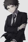  1boy arm_grab asuna_(doruru-mon) bangs black_jacket black_neckwear black_suit brown_eyes brown_hair closed_mouth collared_shirt commentary_request danganronpa danganronpa_3 formal grey_background highres hinata_hajime jacket layered_sleeves long_sleeves looking_down male_focus necktie serious shirt short_hair solo suit upper_body white_shirt 