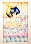  1980s_(style) 1girl bathing black_hair breasts brown_eyes bubble_blowing cleavage english_commentary from_side harleequeen oldschool original solo tied_hair 
