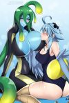  2girls ahoge ass blue_feathers blue_hair blush bodysuit breasts cleavage collarbone commission english_commentary feathered_wings green_eyes green_hair hand_on_another&#039;s_head harpy huge_breasts large_breasts lindaroze looking_at_another medium_breasts monster_girl monster_musume_no_iru_nichijou multiple_girls nose_blush one-piece_swimsuit orange_eyes papi_(monster_musume) short_hair sitting slime_girl suu_(monster_musume) swimsuit tentacle_hair thighs wariza watermark web_address wings yuri 