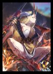  1girl absurdres bare_shoulders barefoot closed_mouth cup facial_mark fate/grand_order fate_(series) flat_chest forehead_mark highres holding holding_weapon hoojiro horns ibaraki_douji_(fate/grand_order) japanese_clothes kimono profile sakazuki sitting sketch smile solo weapon yellow_kimono 