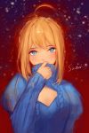  1girl adapted_costume adjusting_clothes ahoge artoria_pendragon_(all) aura blonde_hair blue_eyes blue_sweater blush breasts cleavage cleavage_cutout closed_mouth clothing_cutout eyebrows_visible_through_hair fate/stay_night fate_(series) hair_between_eyes hair_bun hand_to_own_mouth hand_up highres hoojiro juliet_sleeves long_sleeves looking_at_viewer puffy_sleeves red_background saber shiny shiny_hair short_hair sidelocks silhouette smile snowflakes solo sweater turtleneck upper_body winter_clothes 