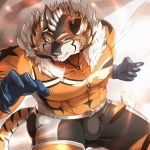  abs action_pose anthro bodysuit bulge cape clothing felid hi_res live-a-hero male mammal mask muscular muscular_anthro muscular_male pantherine pecs pose raiki skinsuit solo spandex superhero tachiyawolf tiger tight_clothing 