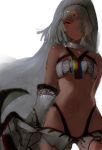 1girl absurdres altera_(fate) bare_shoulders dark_skin detached_sleeves fate/grand_order fate_(series) hair_over_one_eye highres hoojiro looking_at_viewer midriff navel red_eyes short_hair solo veil white_hair 