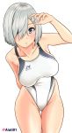  1girl absurdres aiuti ass_visible_through_thighs blue_eyes breasts commentary_request competition_swimsuit cowboy_shot hair_ornament hair_over_one_eye hairclip hamakaze_(kantai_collection) highres kantai_collection leaning_forward looking_at_viewer medium_breasts one-piece_swimsuit short_hair silver_hair simple_background solo standing swimsuit thigh_gap twitter_username white_background 
