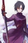  1girl absurdres black_hair blood blood+ blood_on_face bloody_weapon closed_mouth coat cowboy_shot hair_between_eyes highres holding holding_sword holding_weapon hoojiro katana long_sleeves long_sword looking_at_viewer otonashi_saya purple_coat red_eyes serious short_hair solo standing sword weapon 