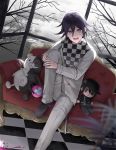  1boy :d arrow_(projectile) bangs bare_tree black_footwear checkered checkered_floor checkered_scarf commentary_request couch danganronpa double-breasted dutch_angle explosive grenade hair_between_eyes hands_on_own_knee jacket knee_up long_sleeves looking_at_viewer male_focus monokuma new_danganronpa_v3 open_mouth ouma_kokichi pants purple_eyes purple_hair saihara_shuuichi scarf shoes short_hair sitting smile solo straitjacket stuffed_animal stuffed_toy suusuke teddy_bear tree white_jacket white_pants window 