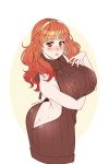  absurdres ass blush breasts brown_eyes butt_crack celica_(fire_emblem) cryptid_crab earrings fire_emblem fire_emblem_echoes:_shadows_of_valentia headband highres jewelry looking_at_viewer meme_attire orange_hair parted_lips virgin_killer_sweater 
